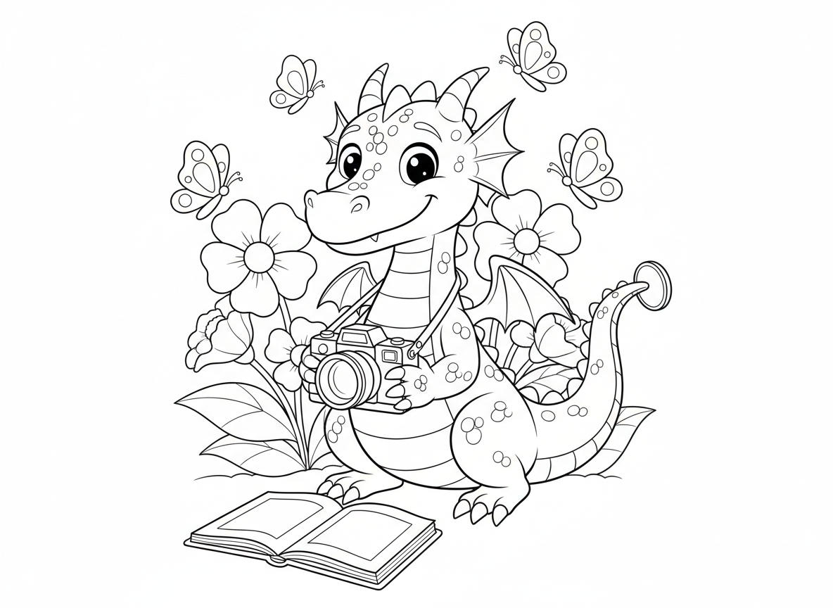 דרקון צלם מצלם טבע - דרקון עם מצלמה מצלם פרחים ופרפרים, רצועת מצלמה על הצוואר, מתכופף נמוך לצילום, אלבום תמונות בקרבת מקום, מכסה עדשה על הזנב