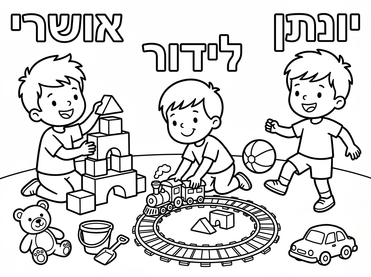 דף צביעה לילדים בשם אושרי ולידור ויונתן משחקים ביחד