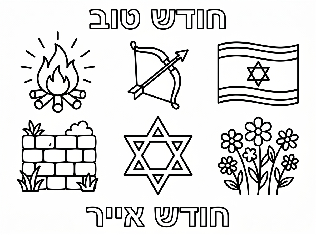 שלום 
תכין לי דף a4 ובתוכו 6 סמלים לצביעה( בגודל זהה)
 לילדים לר״ח אייר
בחלק של העליון שיהיה כתוב
חודש טוב
ולמטה חודש אייר ובאמצע תמונות מאפייני חודש אייר( לג בעומר, עצמאות יום ירושלים
