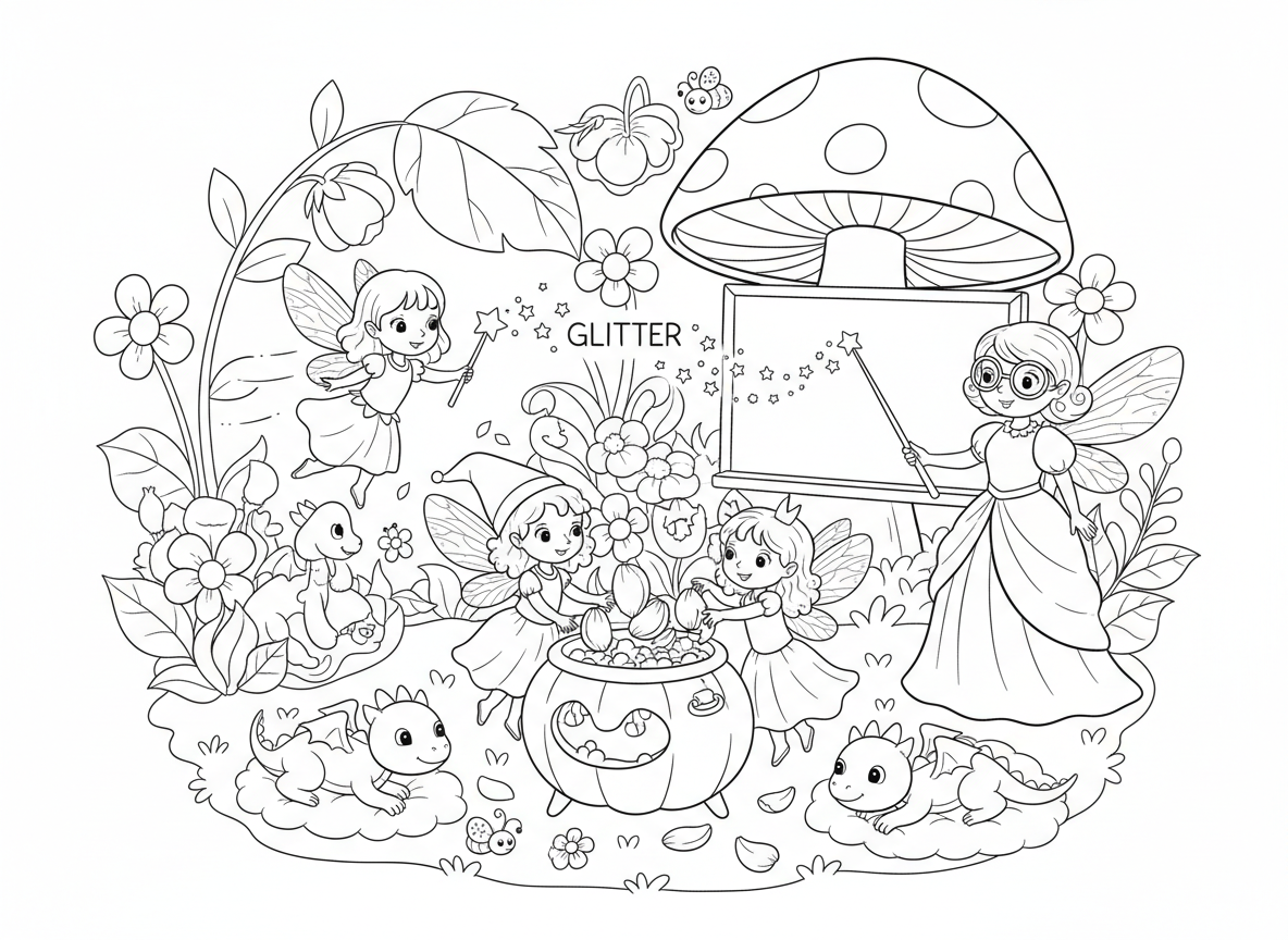 בית ספר לפיות מתחילות - פיות קטנות לומדות לעוף בכיתה עשויה מפרחים, פייה מתרגלת כישופים עם שרביט נוצץ שיוצר כוכבים, אחרת מערבבת שיקויים מעלי כותרת, מורה פייה עם משקפיים על לוח פטריות, ודרקונים תינוקות כחיות כיתה