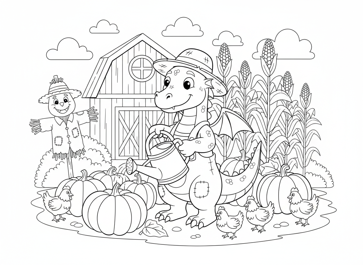 דרקון חקלאי מגדל ירקות - דרקון חקלאי בסרבל מטפל בגינת ירקות, דלעות ענקיות, שדה תירס, משפך השקיה, דחליל שנראה כמו דרקון, תרנגולות סביב, אסם ברקע