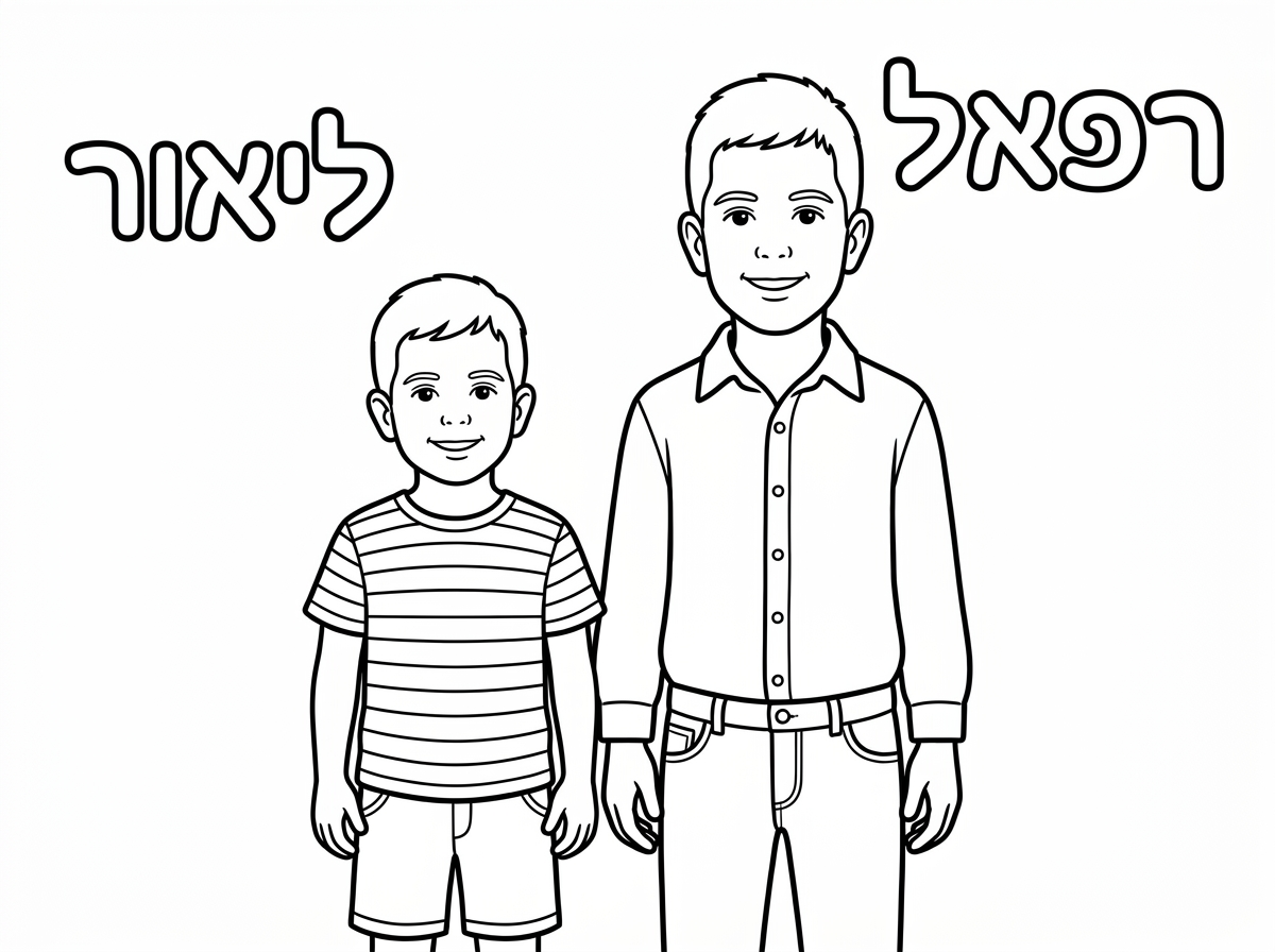 תכין לי בבקשה דף צביעה של ילד שנראה בן 4 שקוראים לו ליאור וילד שנראה בן 9 שקוראים לו רפאל, השיער של שניהם קצר.