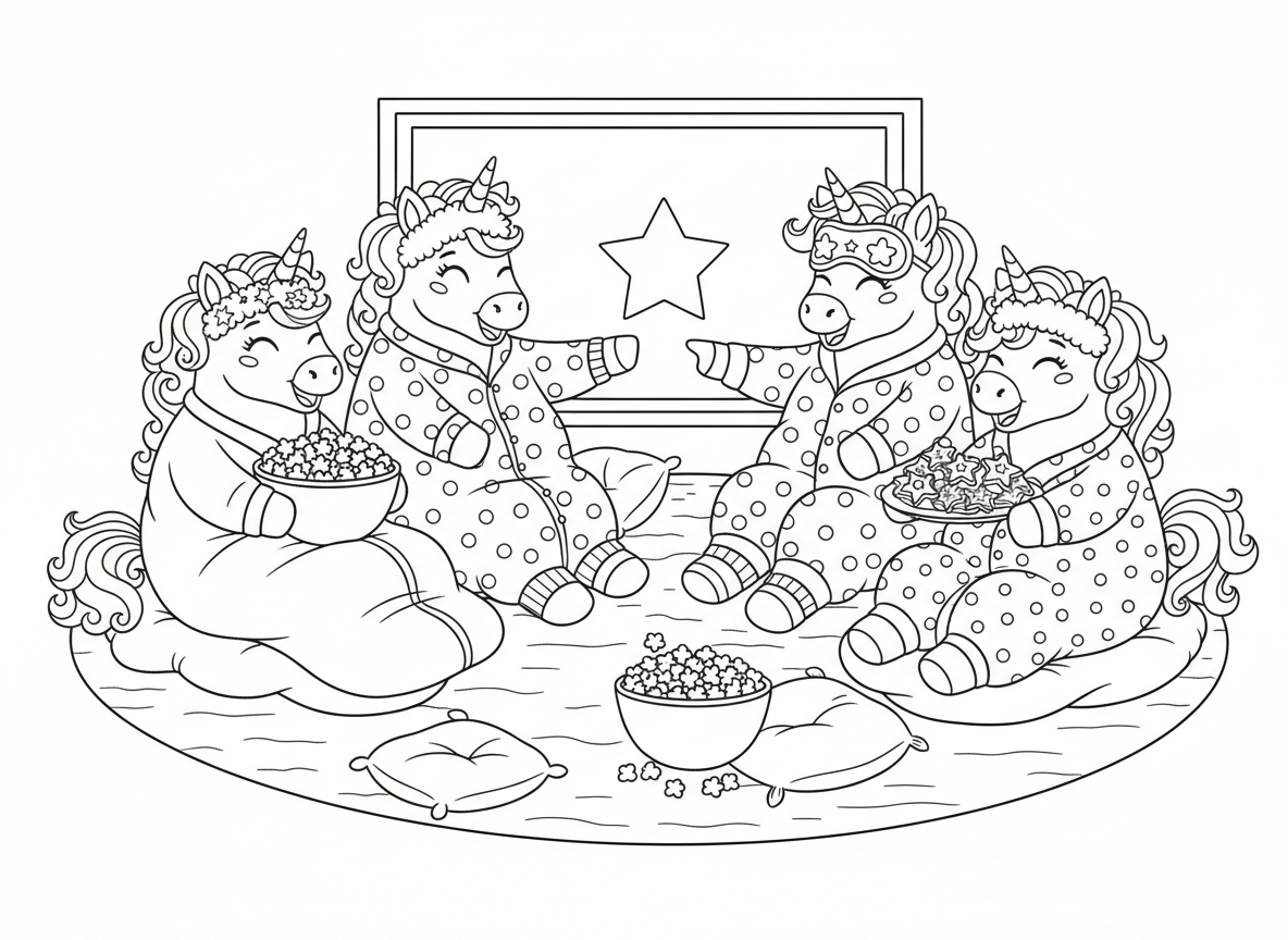 מסיבת פיג'מות של חד קרנים - חד קרנים במסיבת פיג'מות, צופים בסרט על מסך, קערות פופקורן, שקי שינה בצורת עננים, עוגיות בצורת כוכב, מסכות פנים, חמנים לקרן, גרביים נעימות