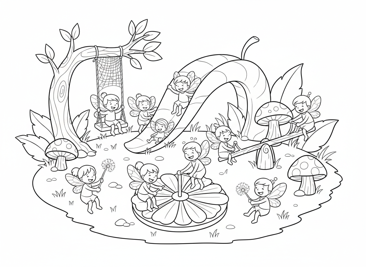 גן שעשועים של פיות - גן שעשועים של פיות בנוי מחומרים טבעיים, מגלשה מעלה מגולגל, נדנדה ממשי עכביש על ענף, נדנדה מענף ובלוט, קרוסלת פרחים, ילדי פיות משחקים