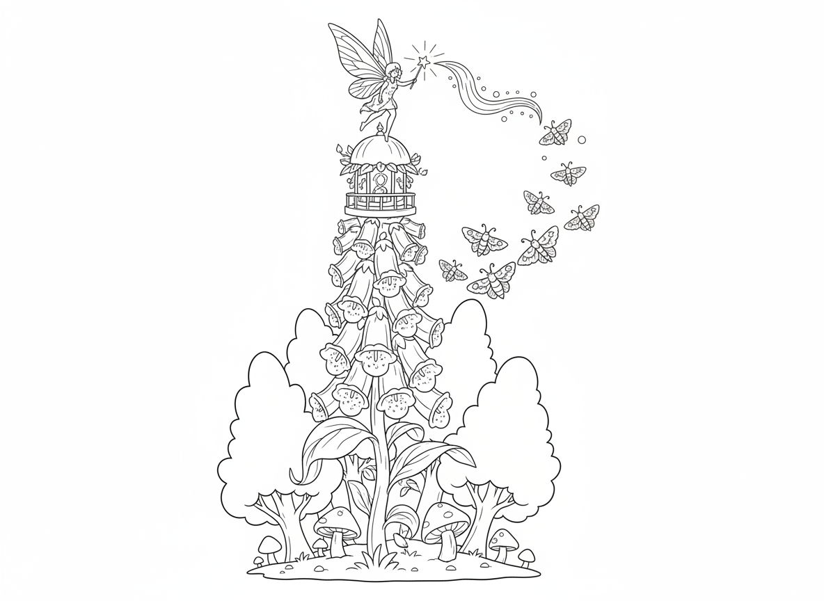 מגדלור פיות על פרח גבוה - מגדלור פיות בנוי על ראש פרח אצבעונית גבוה, פייה שומרת עם שרביט זוהר כאור, מנחה עשים שעפים בלילה, יער ערפילי, קרן אור נוצצת, חדר פנס בראש