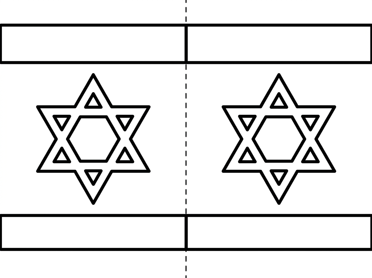 צור לי בבקשה שני דגלים כל דגל על חצי עמוד. מגן דויד חלול שאפשר לצבוע בפנים ושני פסים שגם אותם ניתן לצבוע. 
שני הדגלים יהיו בגודל שווה . 
הפרד בינהם בקו מקווקוו.