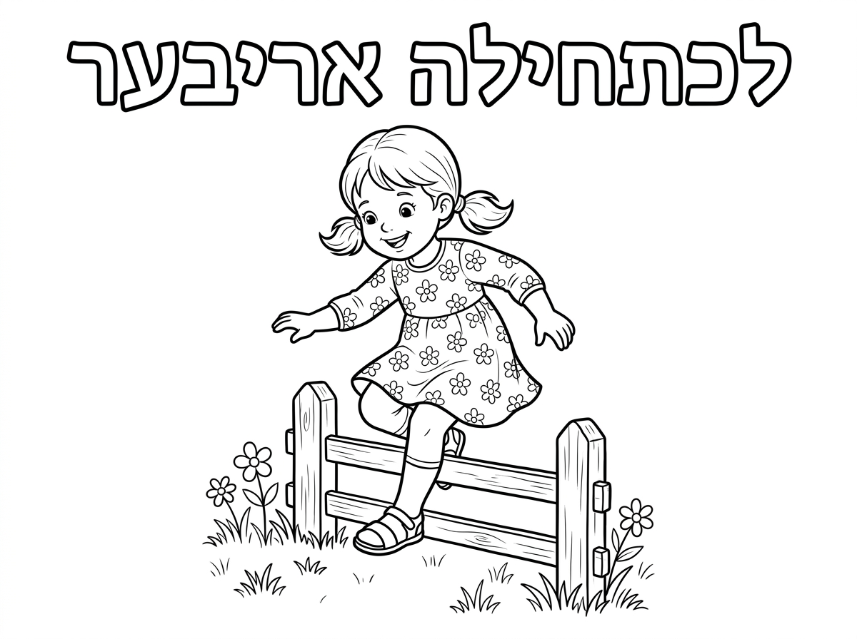 ילדה קטנה 
עם קוקיות שמלה פרחונית שמכסה את הברכיים והמרפקים
עם גרביונים וסנדלים

עומדת ליד גדר לא מידי גבוהה
ומנסה לדלג מעליה

הכותרת:
״לכתחילה אריבער״