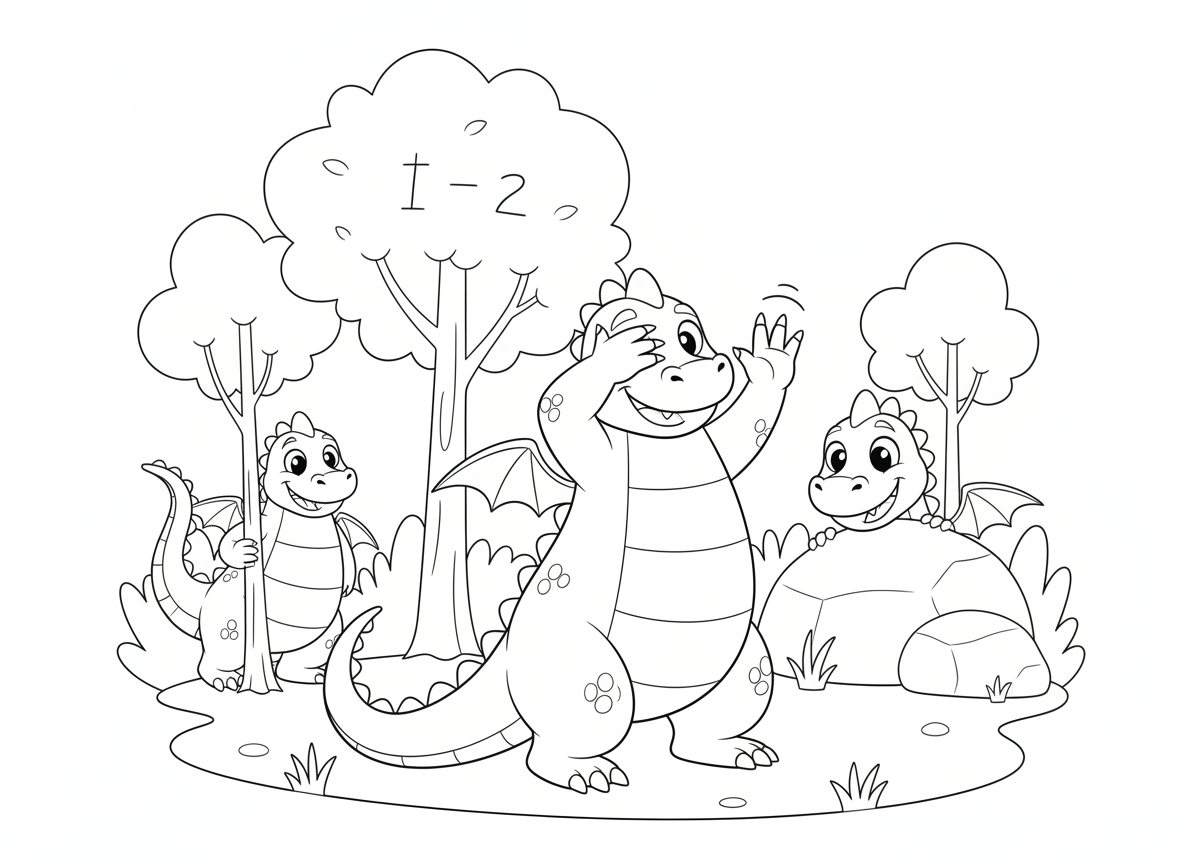 דרקונים משחקים מחבואים - דרקונים משחקים מחבואים, דרקון אחד מוסתר גרוע מאחורי עץ דק עם זנב בולט, אחר מציץ מאחורי סלע, דרקון מחפש סופר ליד עץ, יער