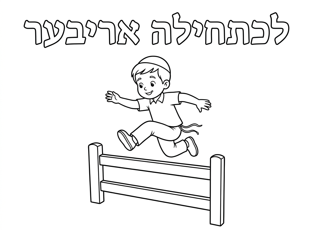 ילד קטן
עם כיפה חלקה
חולצה קצרה לבנה
מכנסיים ארוכות עם חוטח ציצית

מדלג מעל גדר לא גבוהה

כותרת אותיות חלולות

לכתחילה אריבער