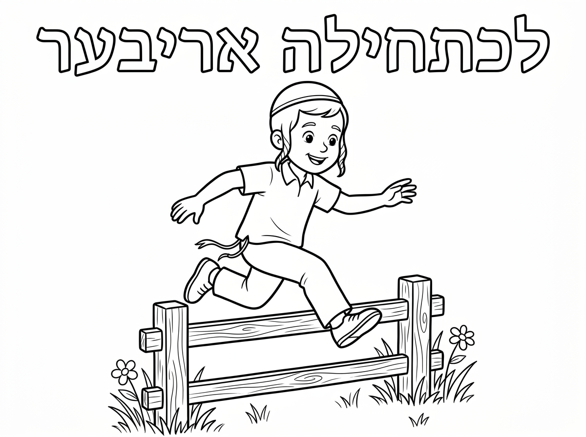 ילד קטן
עם כיפה חלקה
פיאןת קצרות ודקות עד סוף האוזן
לא פיאות ארוכות
חולצה קצרה לבנה
מכנסיים ארוכות עם חוטח ציצית

מדלג מעל גדר לא גבוהה

כותרת אותיות חלולות

לכתחילה אריבער