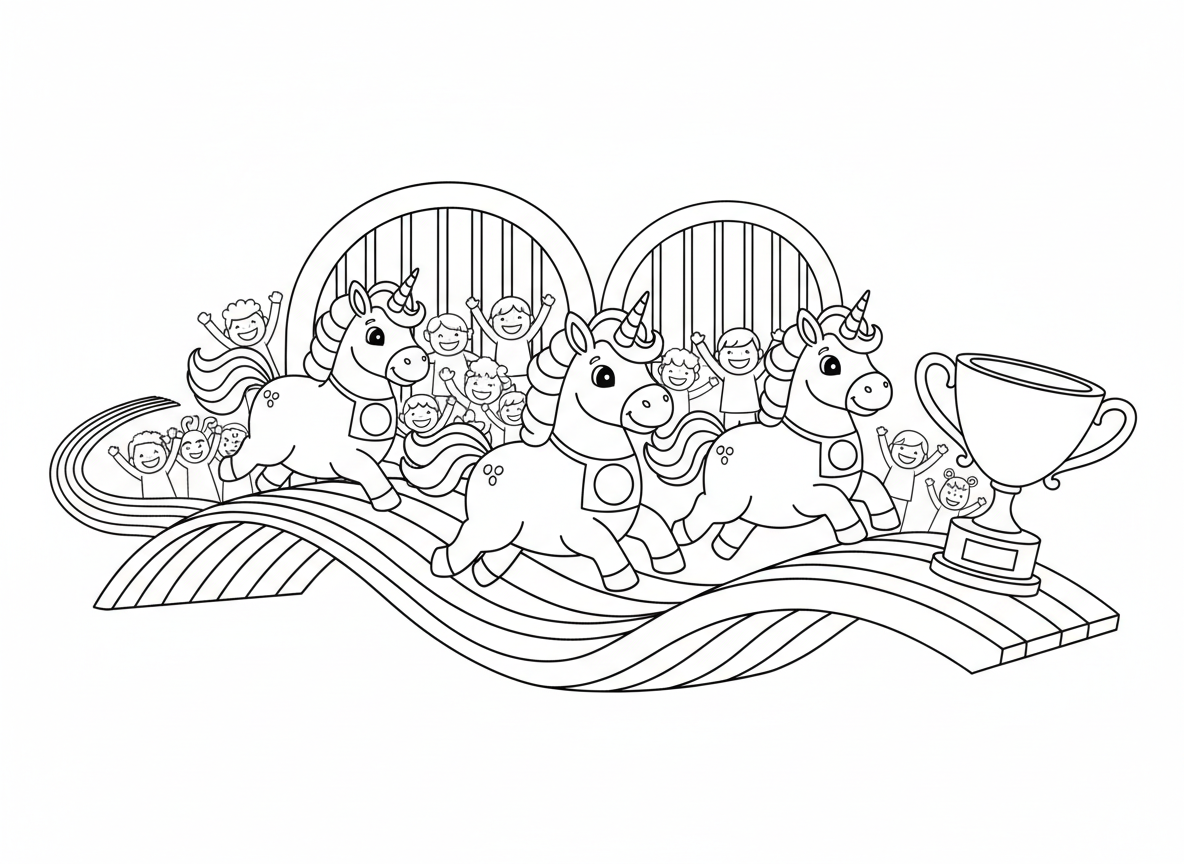 מרוץ חד קרנים - חד קרנים בתחרות מרוצים מרגשת, מסלול קשת, מספרי מירוץ, קהל מריע, גביע בקו הסיום, חד קרן אחד מוביל משאיר שובל קשת, שערי התחלה