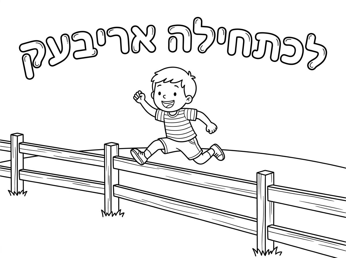 היי תעשה לי בבקשה דף צביעה שרואים בו ילד שקופץ מעל גדר וכתוב למעלה באותיות בלון לכתחילה אריבעק