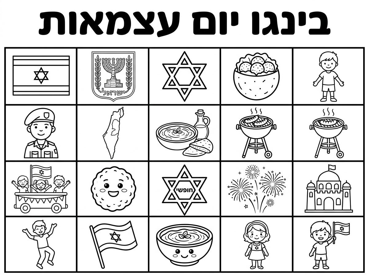 יצרת חנוכיה בתוך הבינגו, אמור להיות עם 7 קנים.
תוכל להחליף את החנוכיה ב- סמל המדינה מנורה עם ענפי זית?

והכותרת יכולה להיות בעברית: בינגו יום עצמאות

והפרח, מה זה? דם המכבים? התבלטתי אם שייך או לא?!
במקום המדורה, עדיף מנגל לא,?!? 

ואולי זיקוקים באחד הריבועים