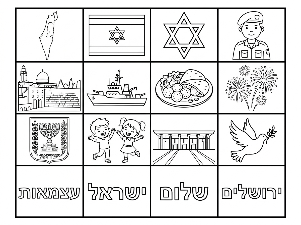 היי
אשמח לבינגו 
טבלה של 16 משבצות
עם הציורים הבאים:
מפת ארץ ישראל
דגל
מגן דוד
חייל
ירושלים
ספינה של חיל הים
מנת פלאפל
זיקוקים
סמל מדינת ישראל
ילדים רוקדים
בנין הכנסת
יונת שלום
והמילים הבאות:
עצמאות
ישראל 
שלום
ירושלים
כל הציורים בשחור לבן