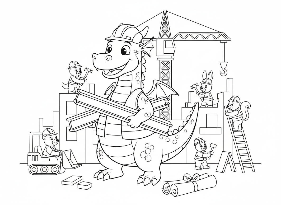 דרקון פועל בנייה - דרקון פועל בנייה באתר בנייה, קסדה, נושא קורות פלדה בקלות, מנוף בקרבת מקום, תוכניות שרטוט, חיות פועלות אחרות, אפוד בטיחות