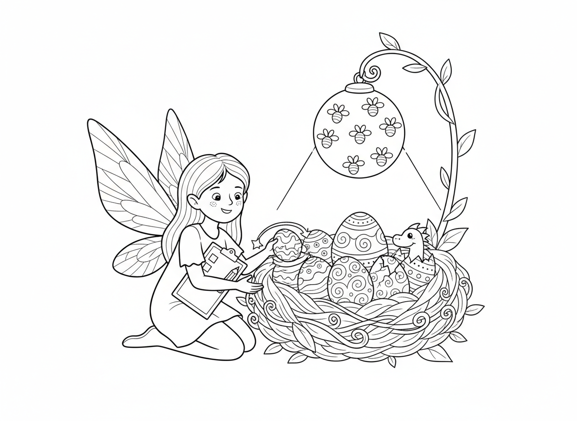 פייה ומשתלת ביצי דרקון - פייה מטפלת במשתלת ביצי דרקון זעירות בקן פרחים חם, מסובבת ביצים בזהירות, ביצה אחת מתחילה להיסדק, מנורת חום מגחלילית, לוח בקרה בודקת התקדמות