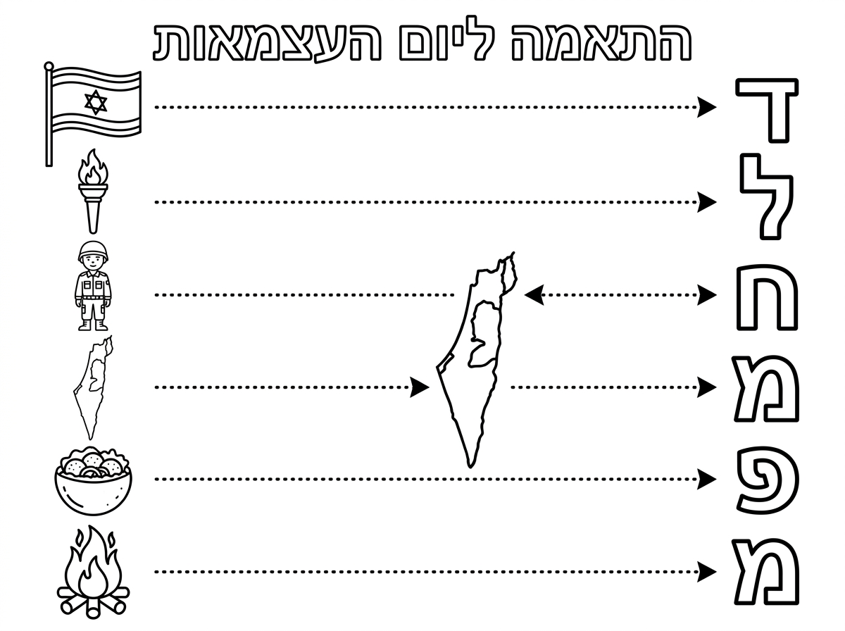 צור לי דף פעילות של התאמה בין פריט לאות פותחת בנושא יום העצמאות