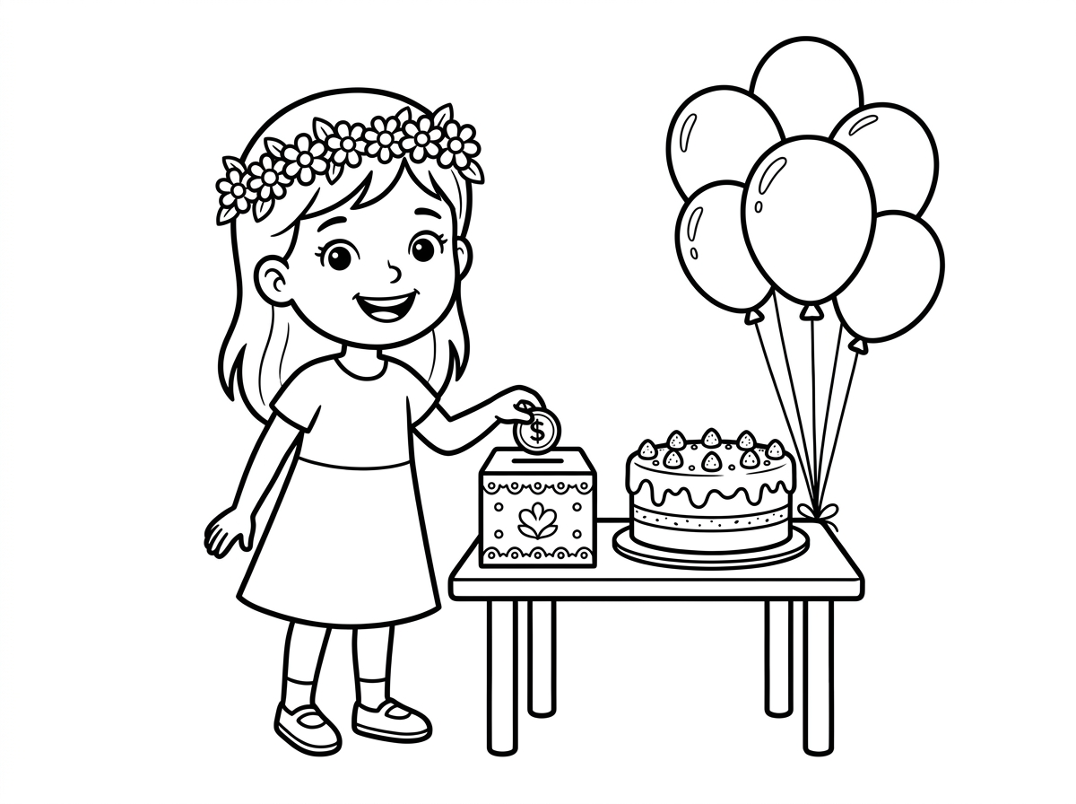ילדה דתייה שיש לה זר על הראש ויש לה יום הולדת. ליד זה עוגה בלי נרות וקופת צדקה ובלונים. ביד של הילדה מטבע לתת צדקה בקופה
