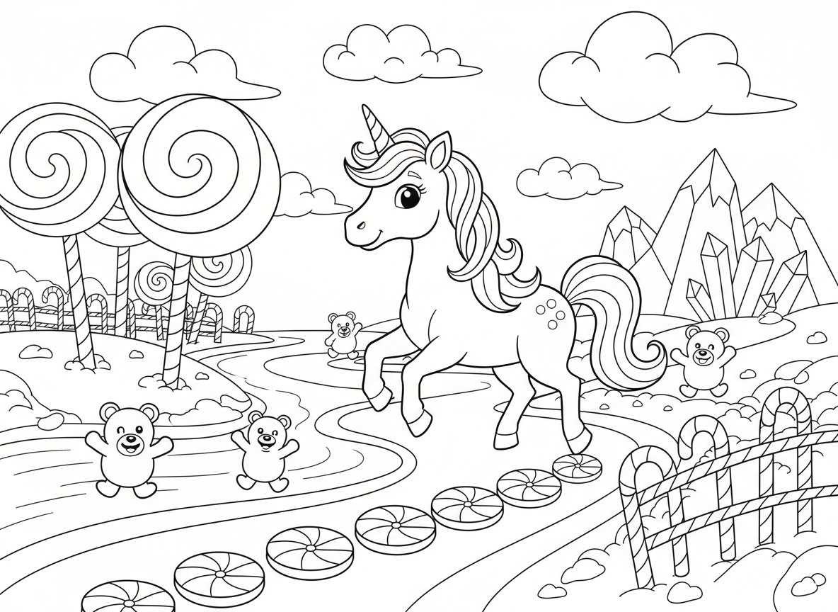 חד קרן בארץ הממתקים - חד קרן בארץ פלאות של ממתקים, נהרות שוקולד, עצי סוכריות על מקל, דובוני גומי אזרחים, עננים של שערות סבתא, גדרות סוכריות, אבני דריכה ממנטה, הרי סוכר