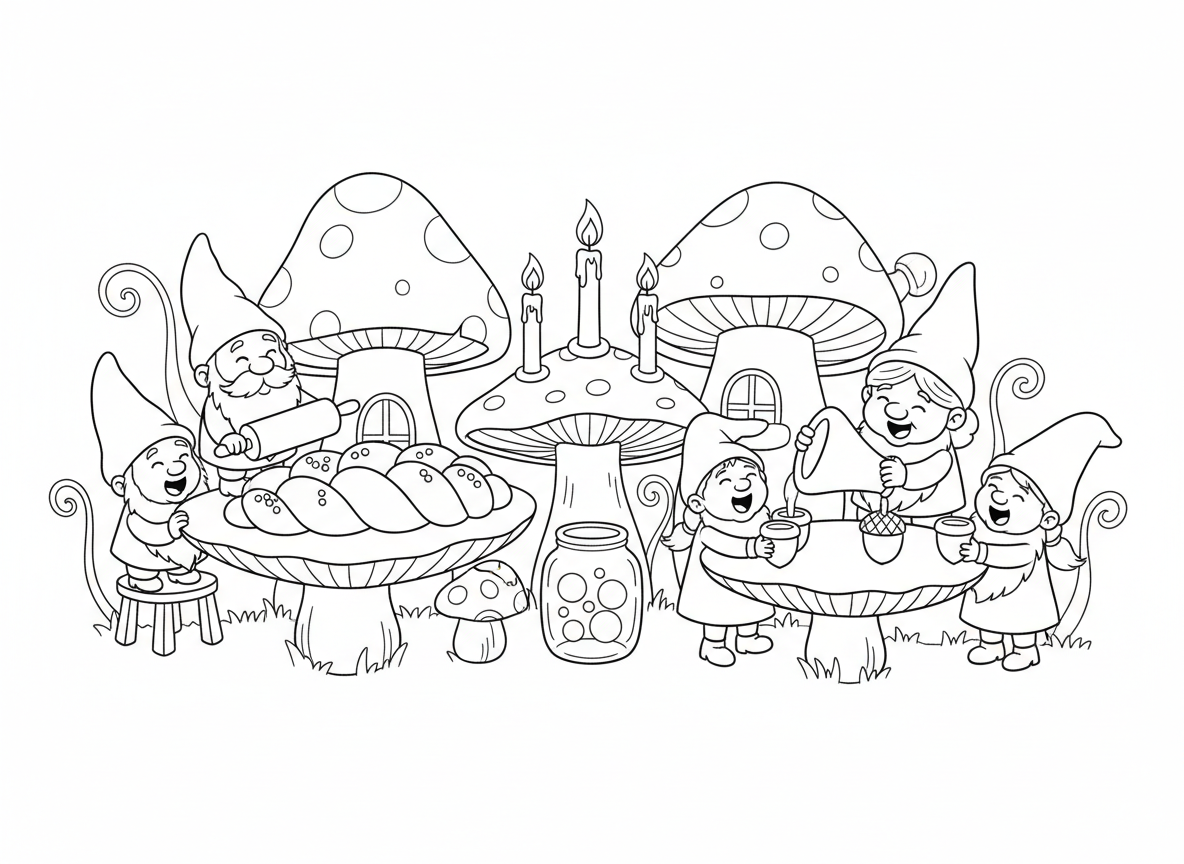 ארוחת שבת בכפר הגמדים - גמדים זעירים מכינים חלות ענקיות על שולחנות פטריות, מדליקים נרות על פמוטי מוכין, סבתא גמדית מוזגת מיץ ענבים מכוס פרח, ילדי גמדים שרים סביב השולחן, וצנצנות גחליליות זוהרות