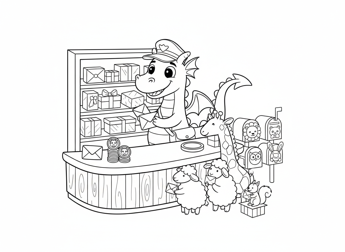 סניף דואר של דרקון - דרקון מנהל סניף דואר, ממיין מכתבים עם הזנב, בולים עם פרצופי דרקון, תיבות דואר לחיות שונות, תור של לקוחות, חבילות בכל הגדלים