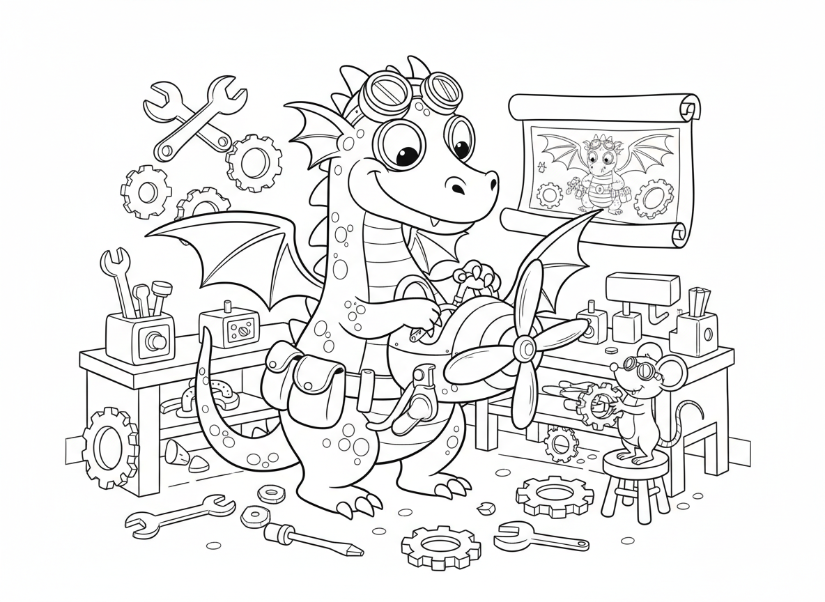 דרקון ממציא בסדנה - דרקון ממציא בסדנה מבולגנת, עובד על מכונת תעופה, גלגלי שיניים וכלים בכל מקום, שרטוט על הקיר, משקפי מגן על המצח, עכבר עוזר מגיש כלים