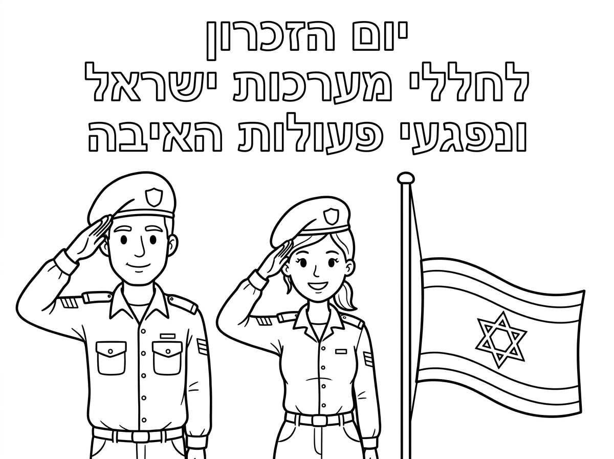 אנא הכן לי דף של חייל וחיילת ישראלים המצדיעים ולידם דגל המורד לחצי התורן . ובחלק העליון של הדף באמצע תכתוב בשורה הראשונה יום הזכרון  ובשורה השניה לחללי מערכות ישראל  ובשורה השלישית ונפגעי פעולות האיבה. את הכיתוב  תכתב באותיות חלולות. וכל דף הצביעה יהיה לאורך
