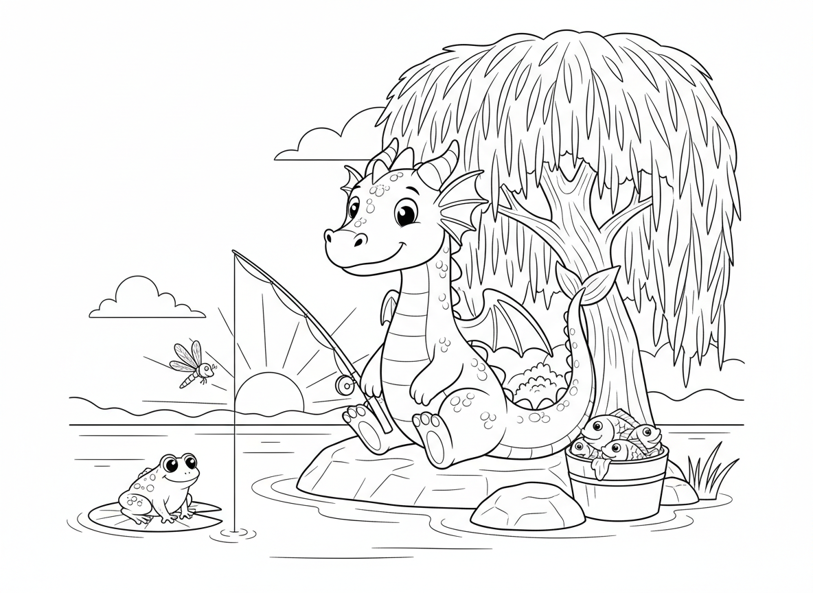 דרקון דג על שפת האגם - דרקון יושב בשלווה על שפת אגם ודג, חכת דיג מוחזקת בזנב, דלי דגים, צפרדע על עלה חבצלת, שפירית מזמזמת, ערבה נותנת צל, שמי שקיעה