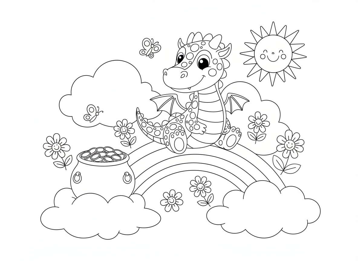 דרקון וקשת בענן - דרקון שמח יושב בקצה קשת בענן, סיר זהב בקרבת מקום, קשקשים צבעוניים משקפים צבעי הקשת, פרחים ופרפרים סביב, עננים לבנים רכים, שמש בהירה