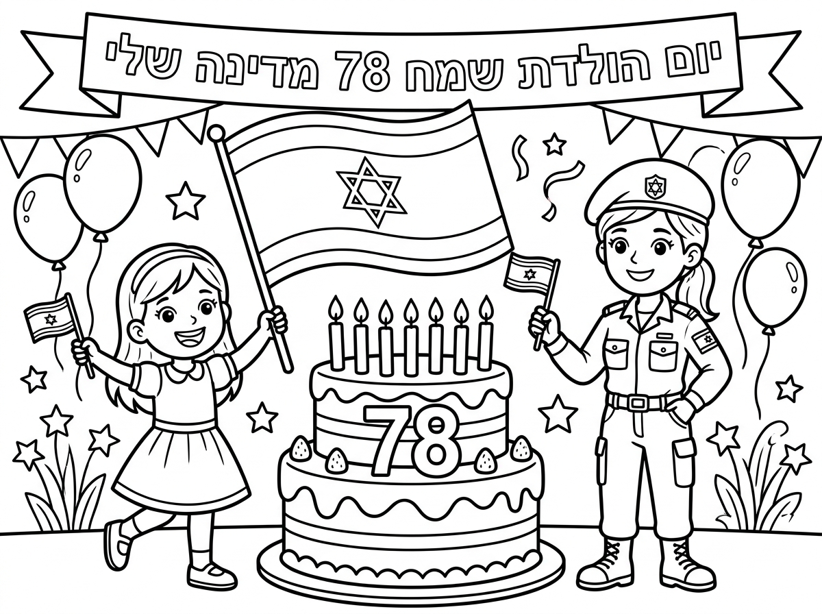אפשר שתצייר דגל ישראל עם עוגה וילדה מתוקה. לכתוב יום הולדת שמח 78 מדינה שלי. עם חיילת גם