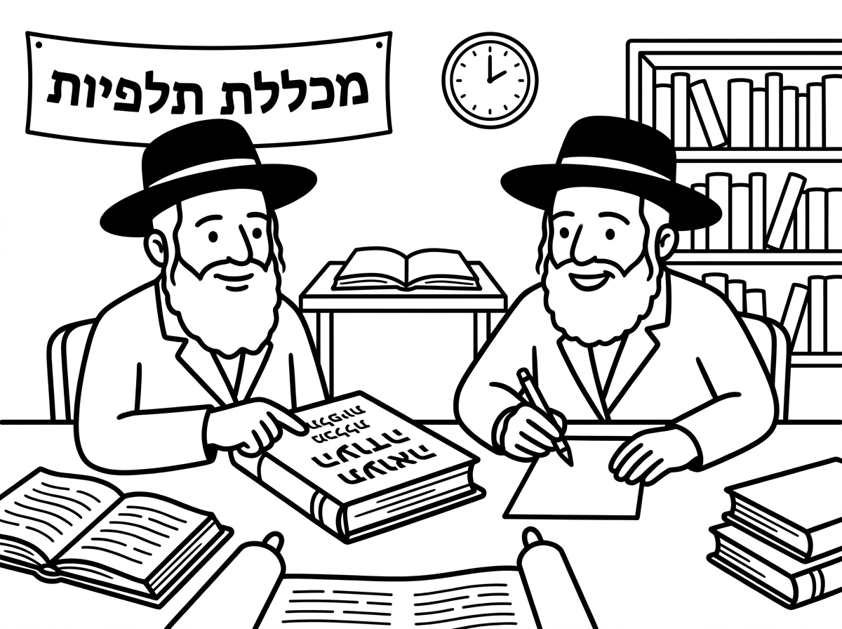 תעשה לי דף צביעה שבו רואים אברכים חב"ד יקים יושבים במכללת תלפיות ולומדים לתעודת הוראה