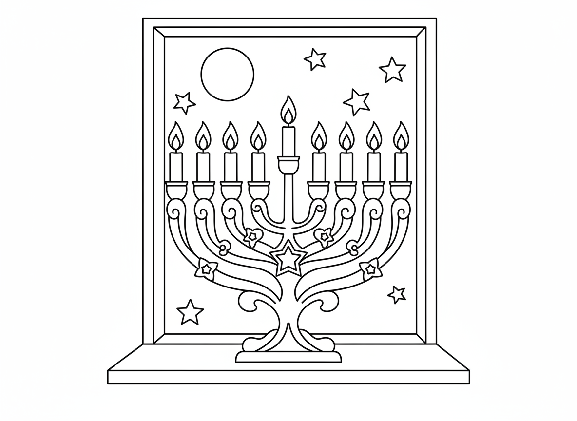 חנוכייה דולקת מלאה - חנוכייה יפה עם כל תשעת הנרות דולקים, כולל השמש, זוהר זהוב חם, להבות רוקדות, עיצוב חנוכייה דקורטיבי, על אדן חלון, לילה בחוץ