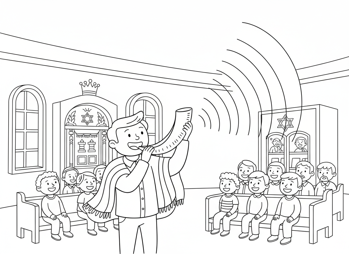 תקיעת שופר בראש השנה - אדם תוקע בשופר גדול (קרן איל) עם גלי קול יוצאים, קהילה מקשיבה, רקע בית כנסת, טלית, אווירת ימים נוראים