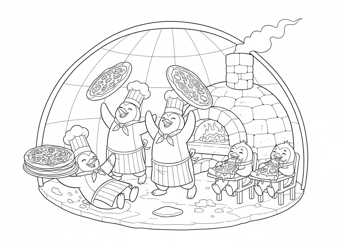 פיצרייה של פינגווינים - פינגווינים בסינרים מסובבים בצק פיצה באוויר, פינגווין מחליק על הרצפה עם משלוח פיצות, פיצת דגים ואצות כמנה מיוחדת, פינגווינים תינוקות אוכלים משולשים מלוכלכים, ותנור בצורת איגלו