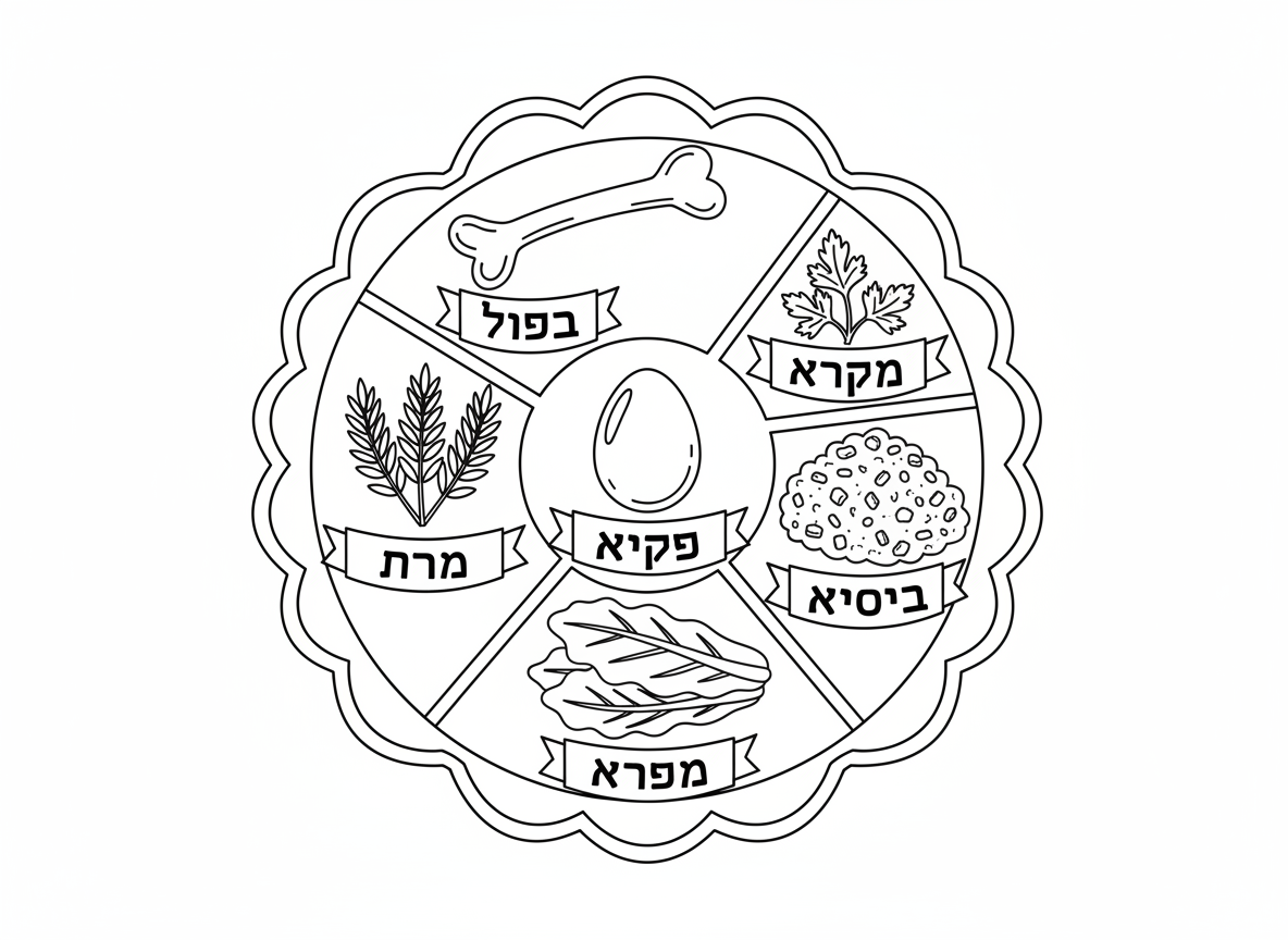 קערת סדר עם כל הפריטים - קערת סדר פסח מעוטרת יפה עם ששת הפריטים: מרור, חרוסת, כרפס, זרוע, ביצה וחזרת, קערה מעוטרת עם שמות בעברית