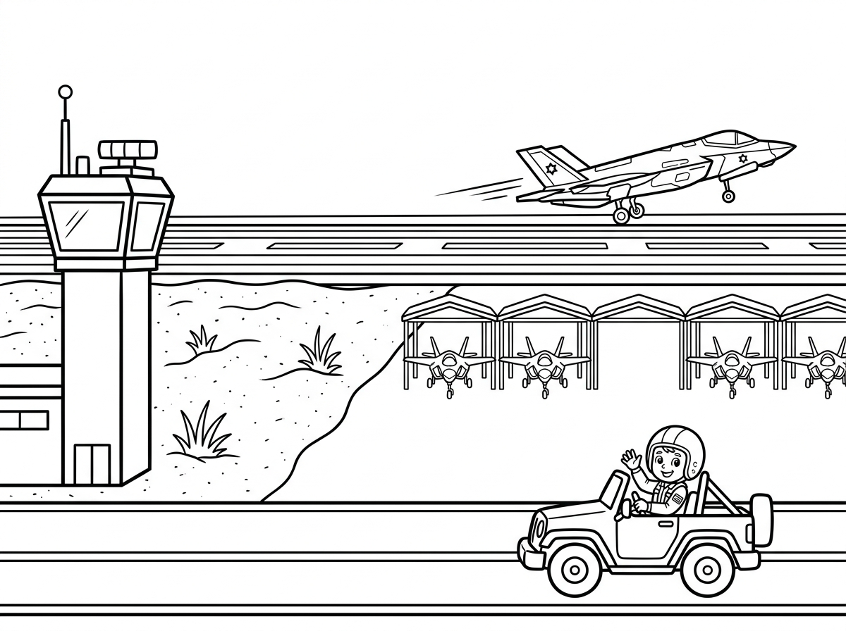 תתקן לי את התמונה של הדף צביעה של מטוס F-35 ישראלי של טייסת 116 רחוק, ממריא (עדיין על המסלול) בצד שמאל לפני המסלול המגדל פיקוח ובצד ימין לפני המסלול החניה של המטוס, ביניהם יש חול.
לפני החול בקצה של הדף יש כביש שבו נוסע טייס עם סרבל טיסה.
המסלול צריך להיות מימין לשמאל וגם המטוס מימין לשמאל אחת החניות בצד ימין צריכה להיות ריקה ובשאר החניות מטוסי F-35 .