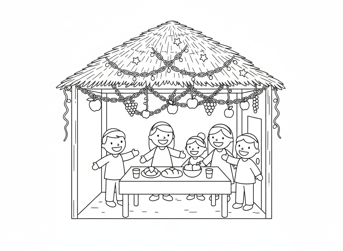 סוכה מעוטרת יפה - סוכה מעוטרת יפה עם פירות תלויים, שרשראות נייר, נחשי נוצצים, אורות פיות, דרך הגג נראים כוכבים, שולחן ערוך בפנים עם אוכל, משפחה מקבלת אורחים