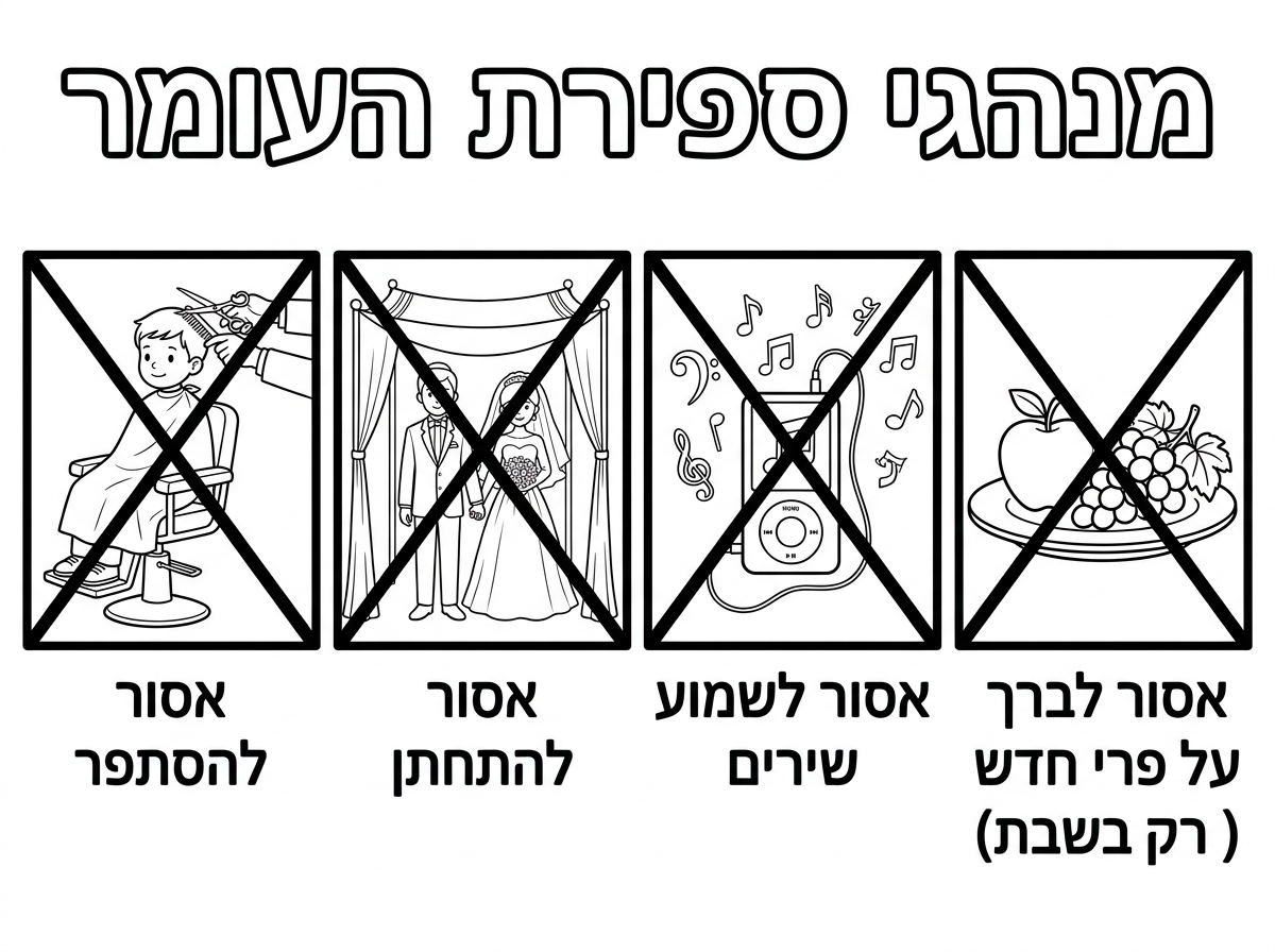 תיצור לי דף צביעה שכתוב למעלה : מנהגי ספירת העומר.
ומצויר ארבעה ריבועים .
ריבוע אחד עם ילד קטן שמסתפר ועליו איקס גדול. ומתחת לתמונה כתוב : אסור להסתפר.
ריבוע שני שמצויר בו זוג שמתחתן ועליו איקס גדול .
ומתחת לתמונה כתוב : אסור להתחתן .
ריבוע שלישי ציור של מוזיקה ועליה איקס גדול .
לכתוב מתחת לתמונה : אסור לשמוע שירים .
ריבוע רביעי שמצויר פרי ועליו איקס גדול .
ומתחת לתמונה לכתוב : אסור לברך על פרי חדש ( רק בשבת) .