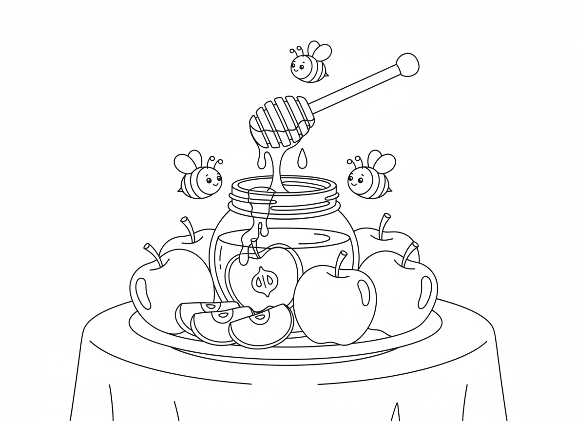 תפוח בדבש - סצנה יפה של פרוסות תפוח נטבלות בצנצנת דבש, דבש זהוב מטפטף, תפוחים שלמים ופרוסות תפוח מסודרים, מקל דבש, דבורים מזמזמות סביב, שולחן חגיגי