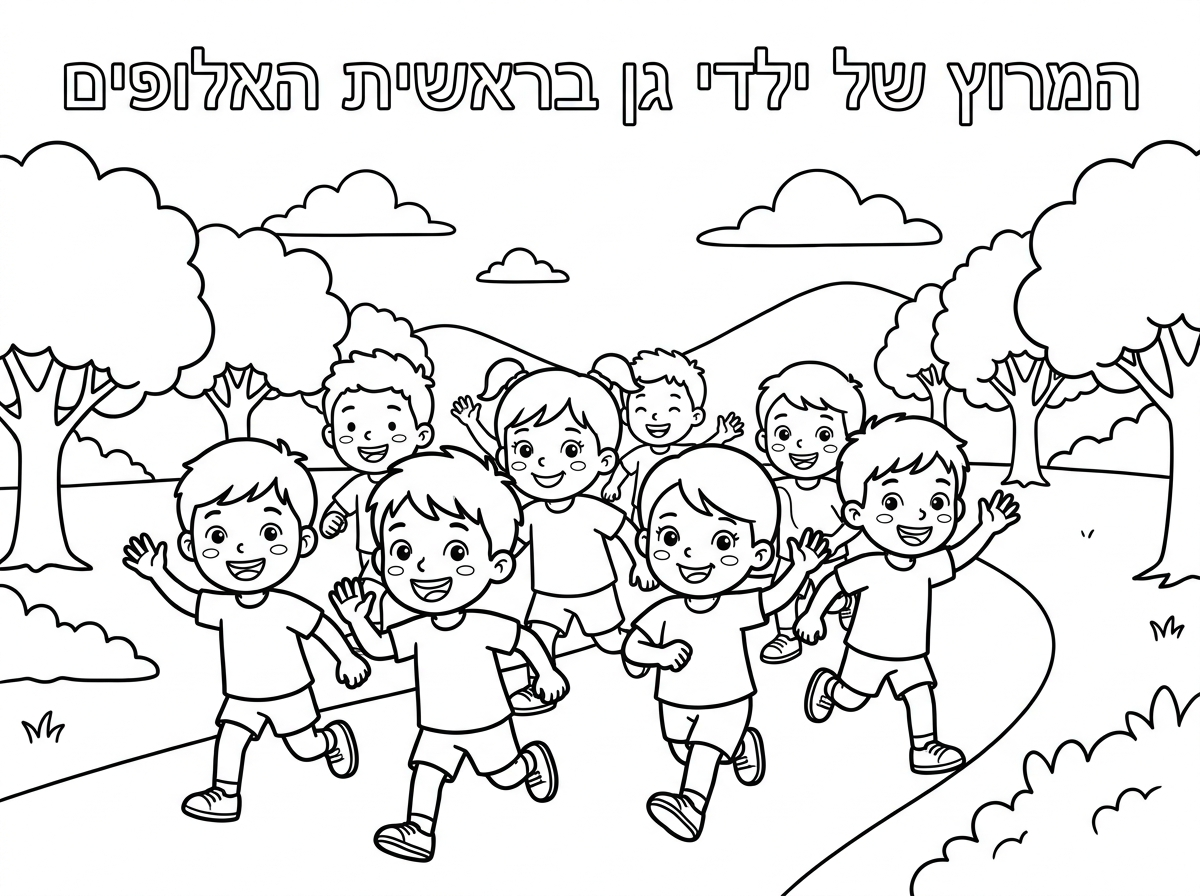 צור דף צביעה של ילדים רצים ומחייכים ולמעלה רשום 
המרוץ של ילדי גן בראשית האלופים