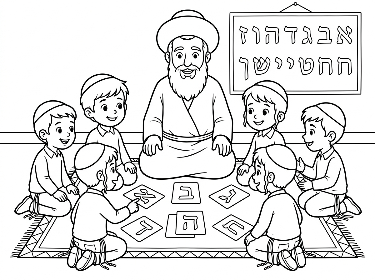 עכשיו עקיבא יושב על מחצלת
מסביבו במעגל ילדים-בנים קטנים בגיל גן

לבנים כיפה חלקה וחוטי ציצית במכנס

על הקיר לוח א ב
באמצע המעגל כרטיסיות עם אותיות א ב