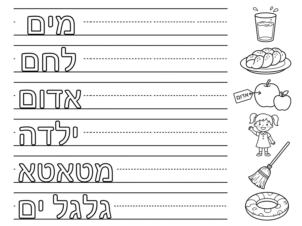 שים את הציורים והמעילים בצד ימין של הדף, ואת פסי הכתיבה מצד שמאל