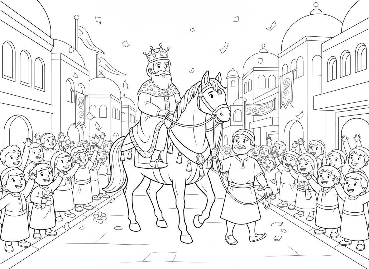 מרדכי רוכב על סוס המלך - מרדכי רוכב על סוס המלך ברחובות העיר, לובש בגדי מלכות, המן מוביל את הסוס, אנשים מריעים, בניינים פרסיים, אווירה חגיגית