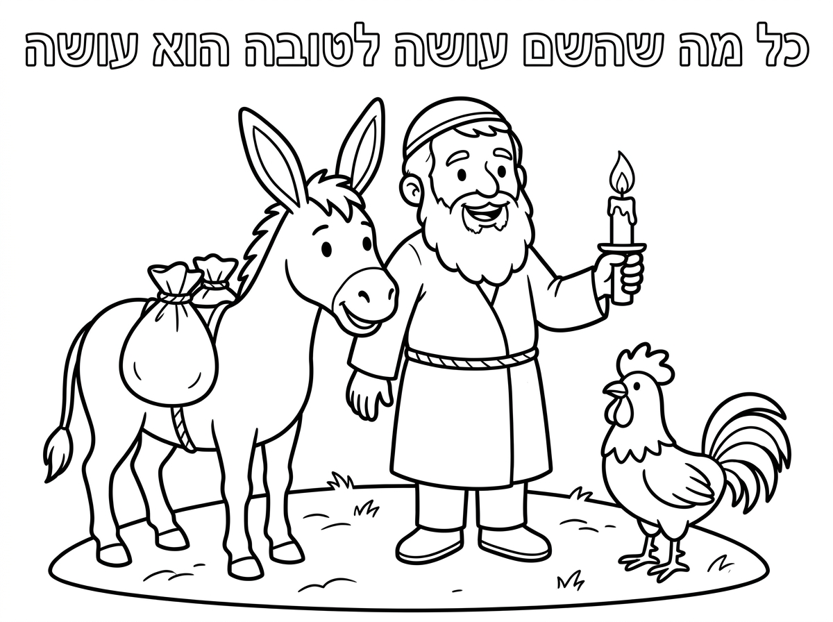 שלום, אני יצחק, ציור של רבי עקיבא, דמות עם זקן וכיפה מסביבו שיהיה שיהיה חמור, לידו, שיהיה חמור עם דברים שנושא דברים קצת. תרנגול אולי שהוא מחזיק ביד. לא, נר שהוא מחזיק ביד ותרנגול לידו. לידו עומד ברצפה. וירשום כל מה שהשם עושה לטובה הוא עושה. נרשום למעלה בדף, כל מה שהשם עושה לטובה הוא עושה. ומישהו מישהו עם פרצוף שמח, בן אדם פרצוף שמח. רק בן אדם אחד לא להוסיף עוד. ושהוא עומד קצת על מקום מדמה.