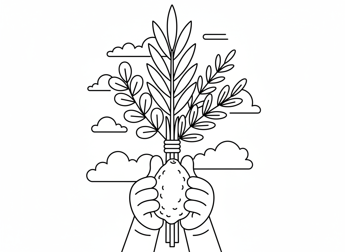 ארבעת המינים לולב ואתרוג - ארבעת המינים מוחזקים יחד: לולב, אתרוג, הדסים וערבות, מסודרים יפה, מבט קרוב ומפורט, ידיים מחזיקות אותם, רקע שמיים כחולים