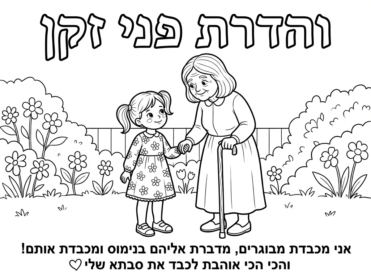 תמונה 
ילדה קטנה עם קוקיות , שמלה פרחונית שמכסה את הברך והמרפק עם גרביונים וסנדלים 
עומדת ליד סבתא מבוגרת 
עם פאה עד הכתף ושמלה ארוכה שמכסה את המרפק והברך ויש לה מקל של מבוגרים ביד

כותרת והדרת פני זקן

למטה
אני מכבדת מבוגרים, מדברת אליהם בנימוס ומכבדת אותם!
והכי הכי אוהבת לכבד את סבתא שלי❣️