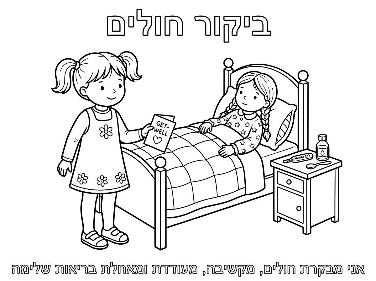 אותה ילדה עם השמלה והקוקיות עומדת ליד מיטה
במיטה שוכבת ילדה קטנה עם צמות 
כותונת צנועה עם כוכבים 
ליד המיטה שידה קטנה
עם מד חום וסירופ תרופה

כותרת 
ביקור חולים
למטה
אני מבקרת חולים, מקשיבה, מעודדת
ומאחלת בריאות שלימה