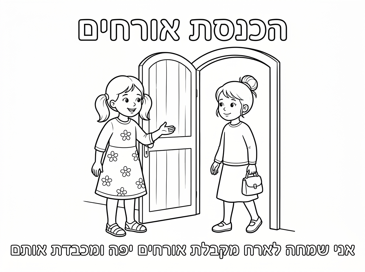 תמונה
הילדה עם השמלה הפרחונית
עומדת ליד דלת פתוחה ומכניסה ילדה עם חולצה שמכסה את המרפק
חצאית שמכסה את הברך
יש לה שיער אסוף

כותרת
הכנסת אורחים
למטה
אני שמחה לארח
מקבלת אורחים יפה ומכבדת אותם