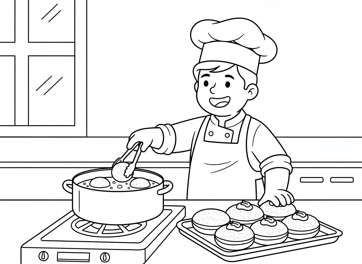 טיגון סופגניות - סצנת מטבח של הכנת סופגניות חנוכה, כדורי בצק מטוגנים בשמן, סופגניות מוכנות עם אבקת סוכר וריבה, אופה עם סינר, סיר שמן, נראה טעים