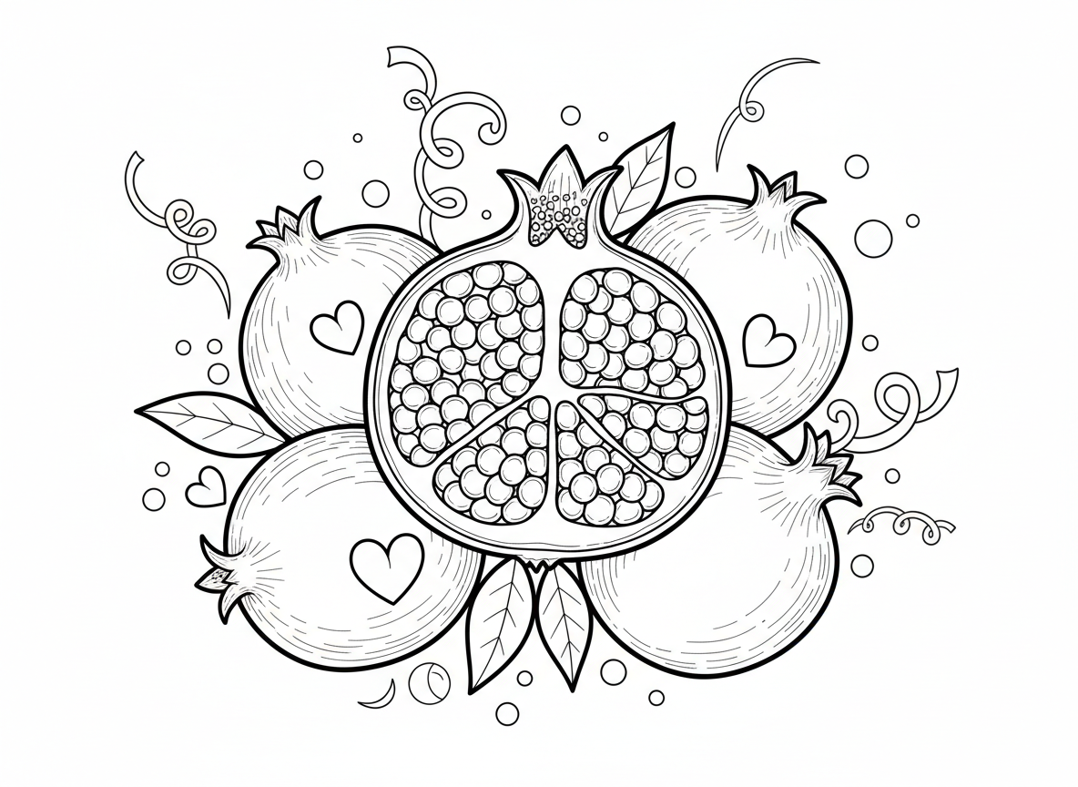 רימון מלא גרגרים - רימון גדול ויפה חצוי מראה גרגרים אדומי רובי בפנים, רימונים שלמים סביב, עלים, מסמל מצוות רבות, מסגרת ראש השנה חגיגית